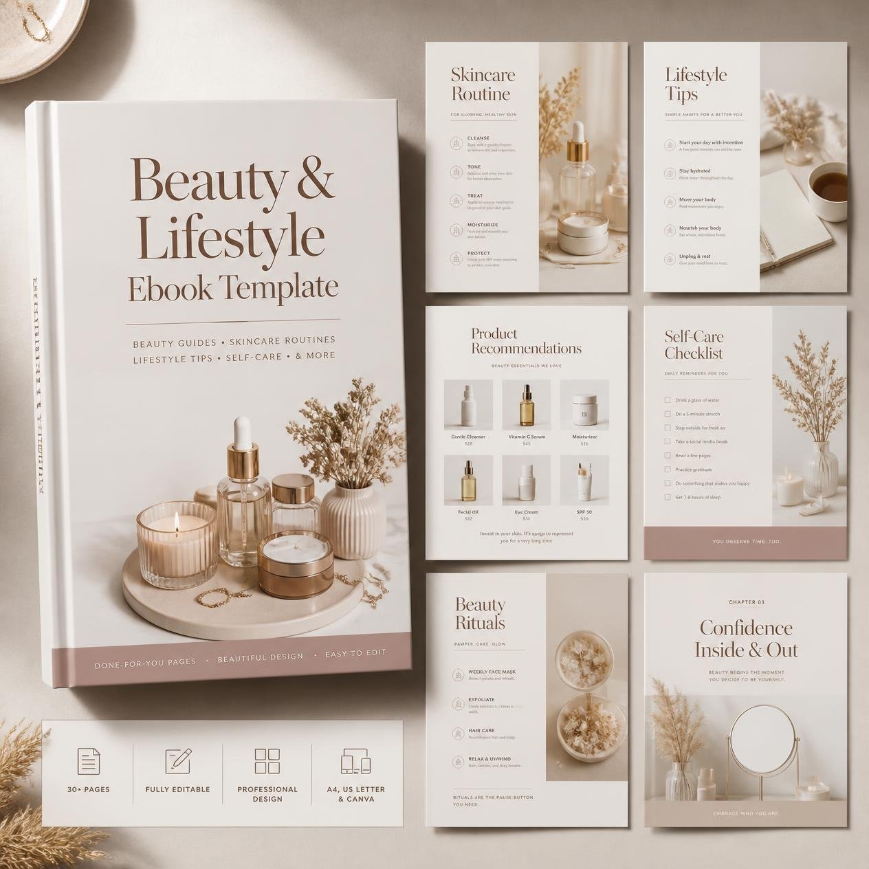 Beauty and Lifestyle Ebook Template shown as a 3D ebook with editorial lifestyle page previews.