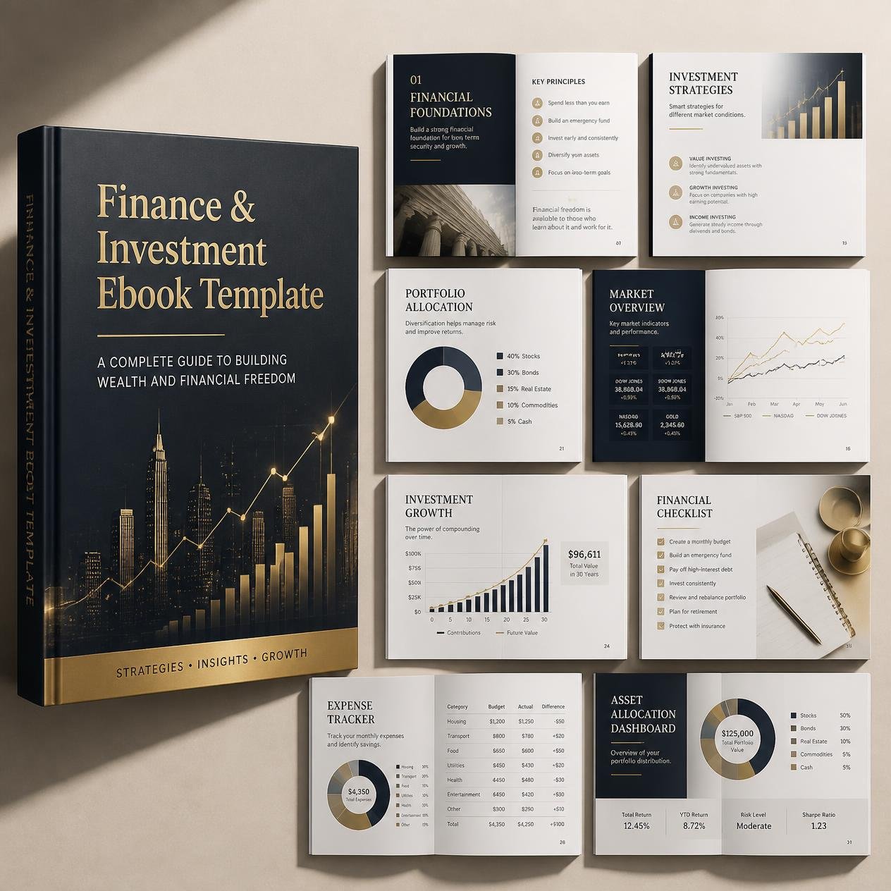 Finance and Investment Ebook Template shown as a 3D ebook with financial chart page previews.