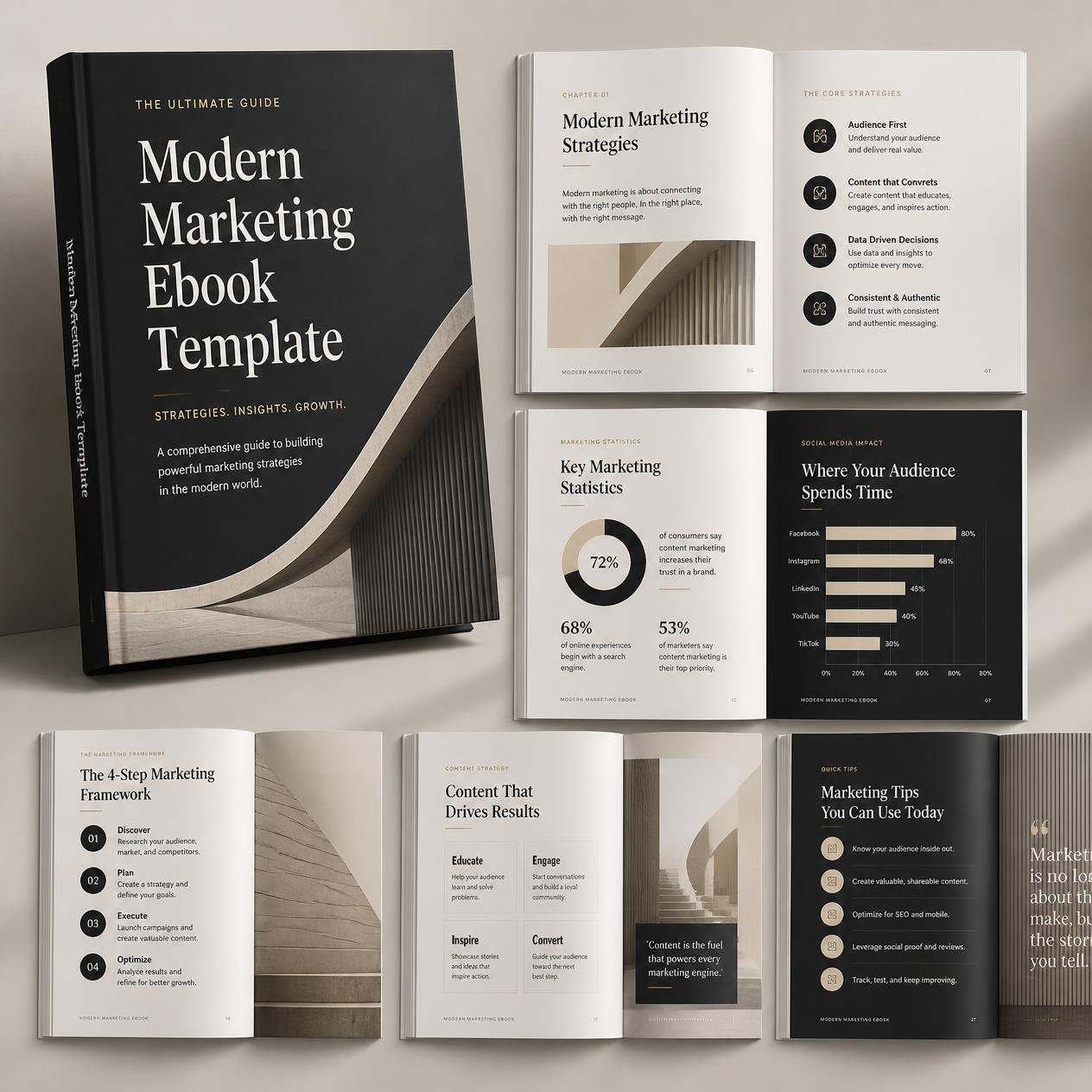 Modern Marketing Ebook Template shown as a 3D ebook with marketing interior page previews.