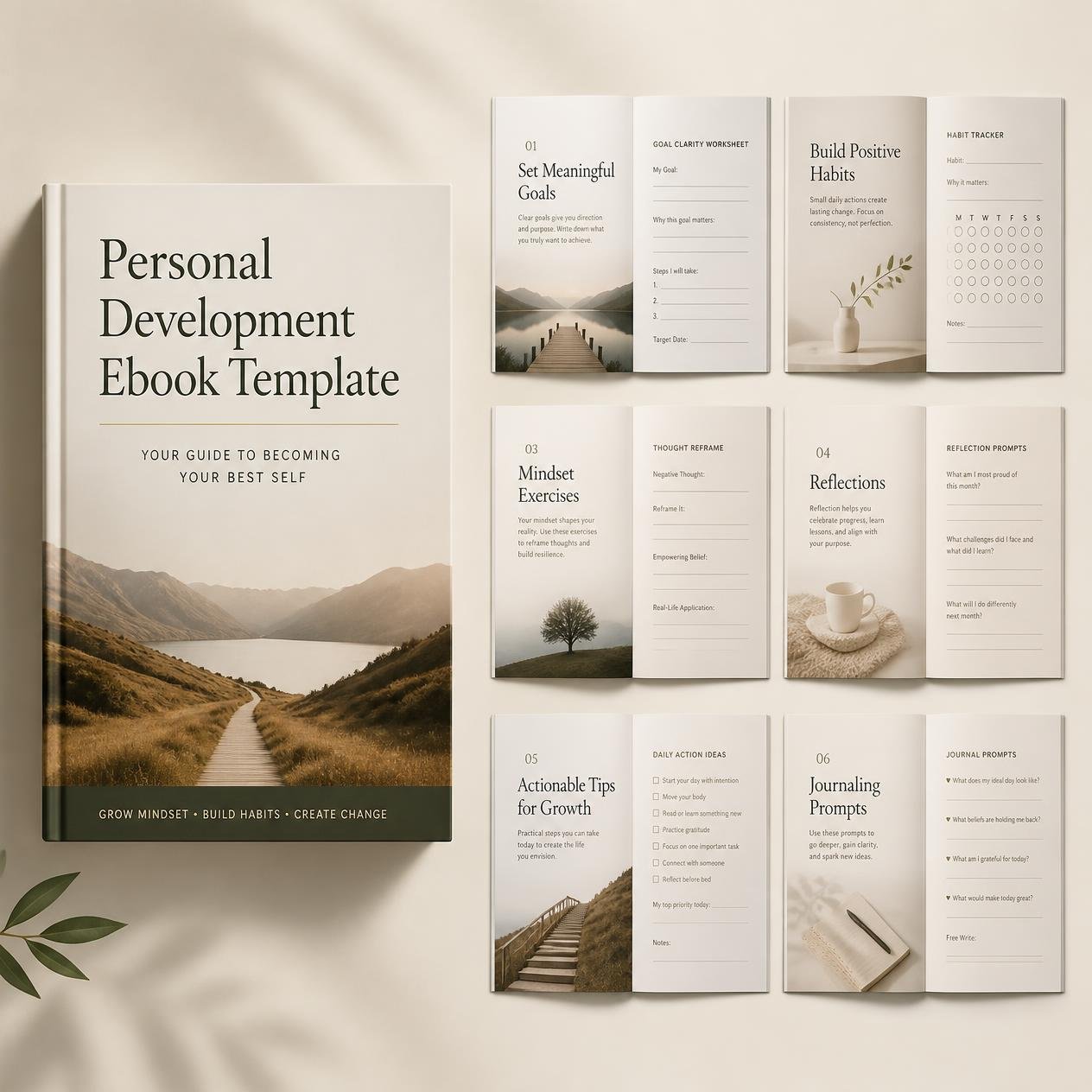 Personal Development Ebook Template shown as a 3D ebook with reflective journal page previews.