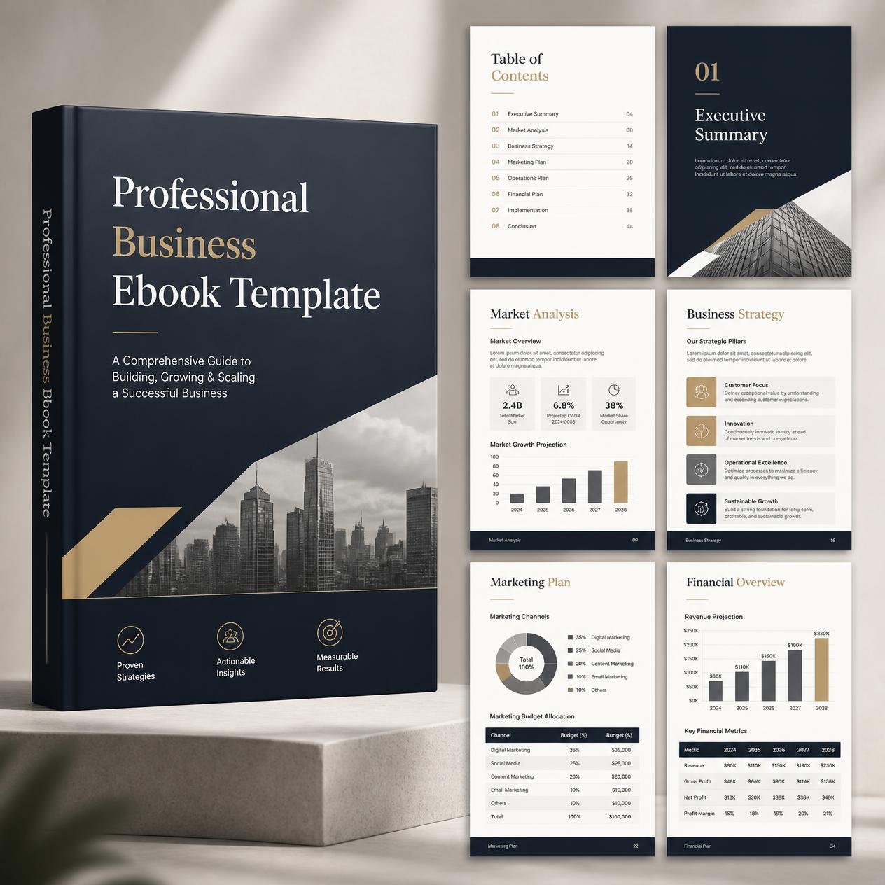 Professional Business Ebook Template shown as a 3D ebook with corporate interior page previews.