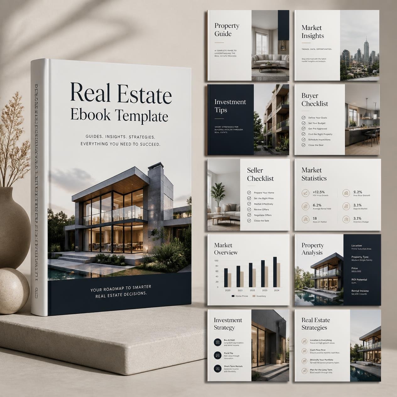 Real Estate Ebook Template shown as a 3D ebook with property guide page previews.