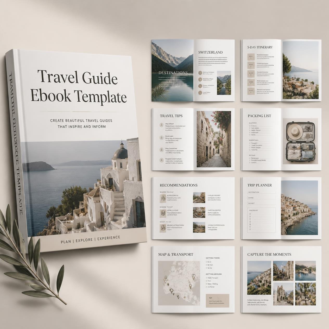 Travel Guide Ebook Template shown as a 3D ebook with destination and itinerary page previews.